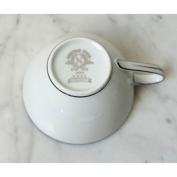 Vintage Noritake Colony China Japan Flat Cup & Saucer Set White Platinum Trim - Picture 7 of 9